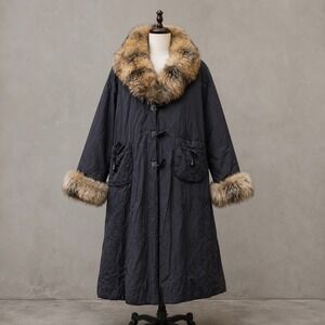 Visconf Vintage Italy Black Long Coat Real Fox Fur Collar Cuffs Toggle Closure